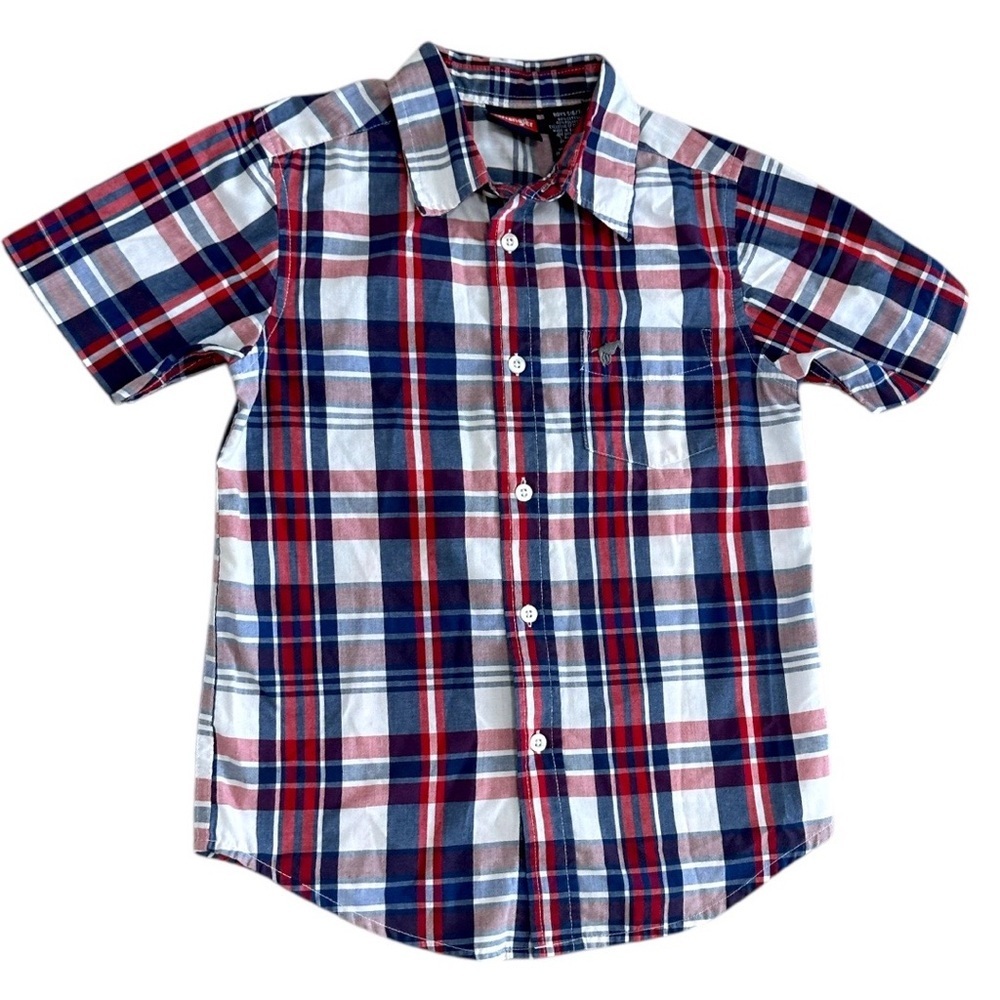 New Wrangler Boys Plaid Button Down Short Sleeve Shirt Size Small Red White Blue